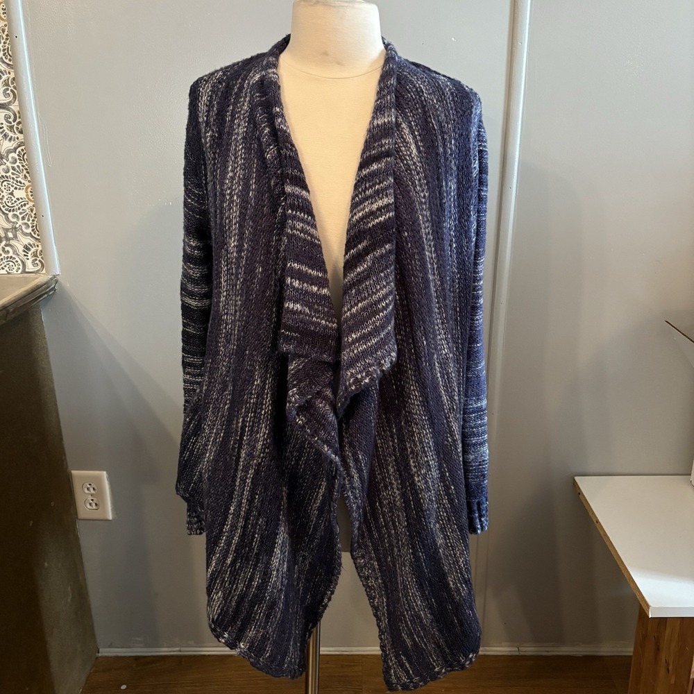 a.n.a. Blue White Flowy Knit Front Open Cardigan Sweater (Women's L)